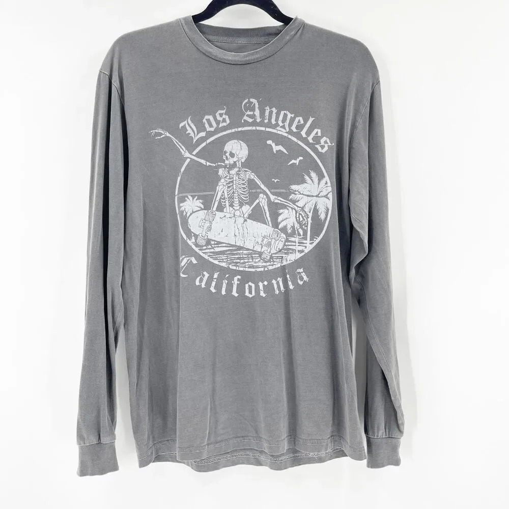 Full Tilt Long Sleeve T Shirt Womens Size S Gray Los Angeles Graphic Skeleton